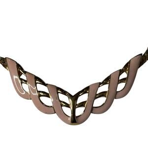 Vintage Trifari Pink Enamel Gold Tone Necklace Art Deco Moderne Retro Glossy